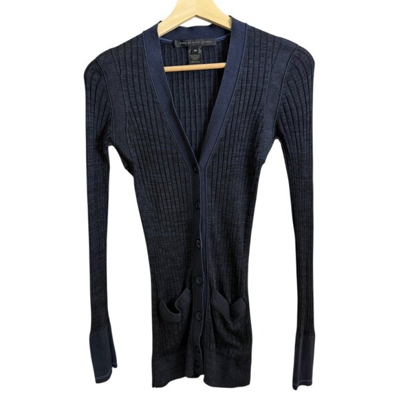 Marc by Marc Jacobs Silk Rib Knit Slim Cardigan Navy XS Preppy Twee Old Money - Picture 1 of 6
